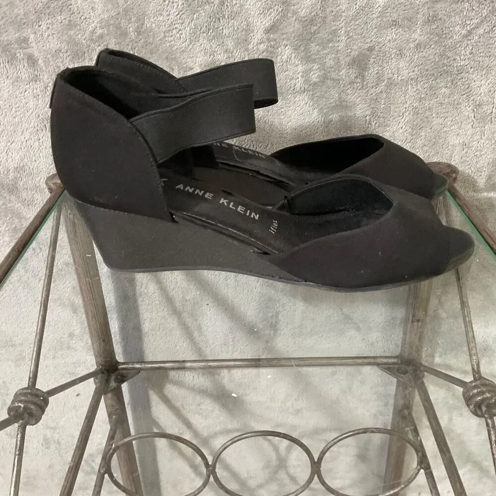 Ann Klein Open Toe Wedge Heel Shoe sandal Women's Size 9 M Black office comfort